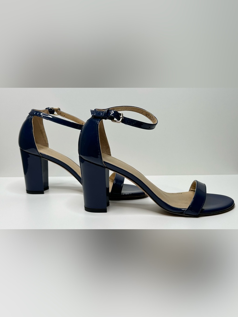 Stuart Weitzman Navy Blue Patent Leather Nudist Curve Heels Shoes Sandal - Picture 4 of 12
